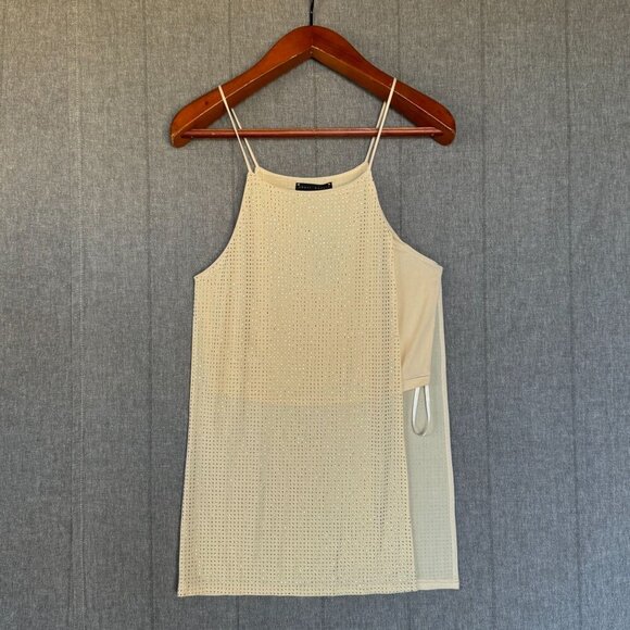 Y2k Sheri Bodell Cream Gold Drop Embellished Slinky Open Side Strappy Top - Picture 1 of 13